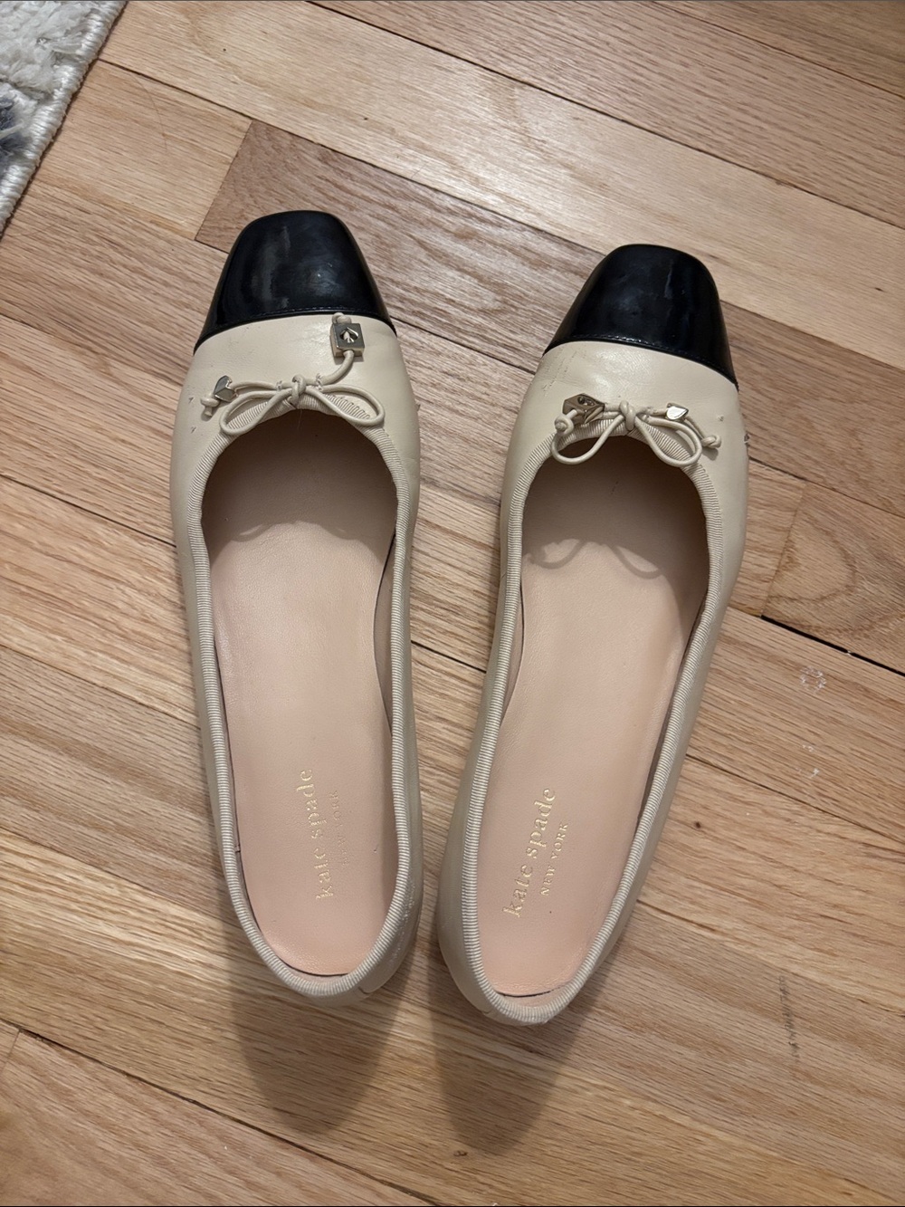 Kate Spade Leather Ivory and Black Cap-Toe Ballet Flats